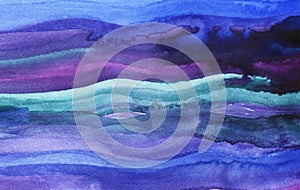 Watercolor abstract background. Blue and purple paint strokes. Watercolor waves.