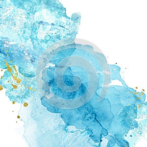 Watercolor abstract background with blue and turquoise  splashes of paint on white.  Hand painted texture. Imitation of sea