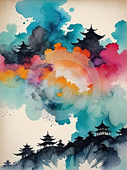 Watercolor Abstract Background with Chinese Style. Generative AI