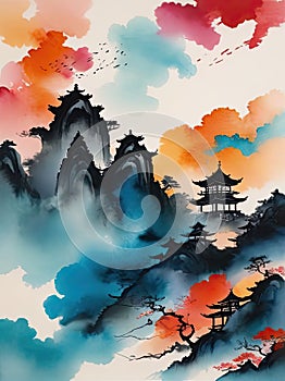 Watercolor Abstract Background with Chinese Style. Generative AI
