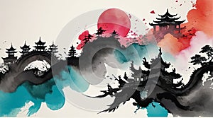 Watercolor Abstract Background with Chinese Style. Generative AI