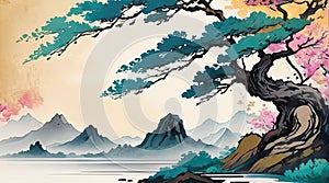 Watercolor Abstract Background with Chinese Style. Generative AI