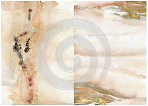 Watercolor abstract background with gold, beige, pink and yelllow spots. Hand painted pastel illustration isolated on