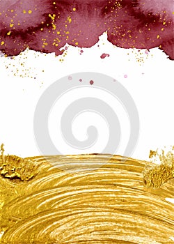 Watercolor abstract background, hand drawn watercolour burgundy and gold texture