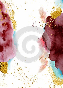 Watercolor abstract background, hand drawn watercolour burgundy and gold texture