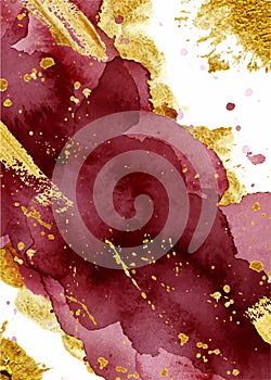 Watercolor abstract background, hand drawn watercolour burgundy and gold texture