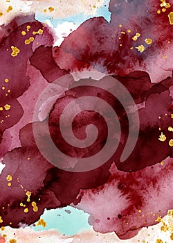 Watercolor abstract background, hand drawn watercolour burgundy and gold texture