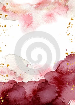 Watercolor abstract background, hand drawn watercolour burgundy and gold texture