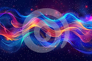 Watercolor abstract background with multicolored splashes and waves on dark blue, colorful neon lights.