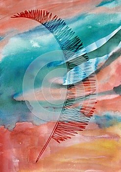 Watercolor abstract background with tropical leaf. Suitable for wall art gallery, background etc. Coconaut palm leaf.