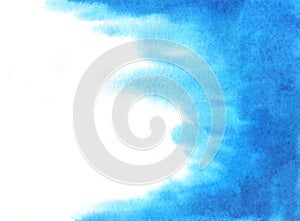 Watercolor abstract blue background color splashes as border on white