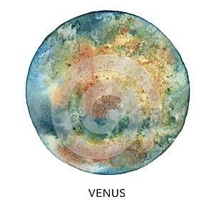 Watercolor abstract blue Venus planet. Hand painted satellite isolated on white background. Minimalistic space
