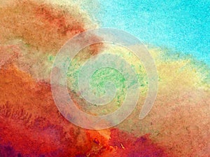 Watercolor abstract bright colorful textural background handmade . Painting of sky and cloud during sunset . Modern cosmic pattern