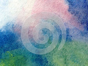 Watercolor abstract bright colorful textural background handmade . Painting of sky and clouds during sunset . Modern cosmic patter