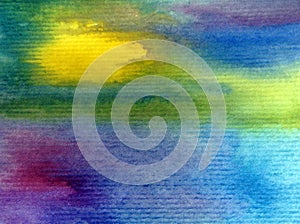 Watercolor abstract bright colorful textural background handmade . Painting of sky and clouds during sunset . Modern cosmic patter