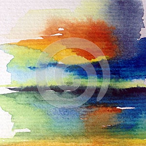 Watercolor abstract bright colorful textural background handmade . Painting of sky and clouds during sunset . Modern cosmic patter