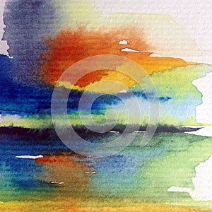 Watercolor abstract bright colorful textural background handmade . Painting of sky and clouds during sunset . Modern cosmic patter