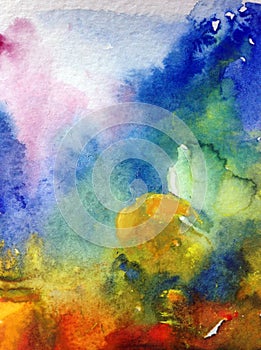 Watercolor abstract bright colorful textural background handmade . Painting of sky and clouds during sunset . Modern cosmic patter