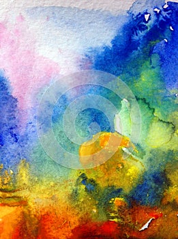 Watercolor abstract bright colorful textural background handmade . Painting of sky and clouds during sunset . Modern cosmic patter