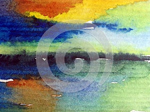Watercolor abstract bright colorful textural background handmade . Painting of sky and clouds during sunset . Modern cosmic patter
