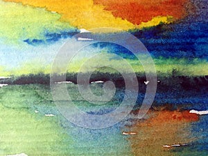 Watercolor abstract bright colorful textural background handmade . Painting of sky and clouds during sunset . Modern cosmic patter