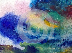 Watercolor abstract bright colorful textural background handmade . Painting of sky and clouds during sunset .Modern cosmic pattern