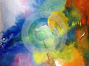 Watercolor abstract bright colorful textural background handmade . Painting of sky and clouds during sunset .Modern cosmic pattern