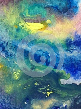 Watercolor abstract bright colorful textural background handmade . Painting of sky and clouds during sunset .Modern cosmic pattern