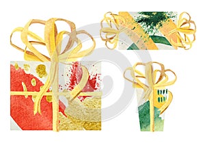 Watercolor abstract Christmas gift boxes. Hand painted bright box with yellow bow set for christmas card, birthday card
