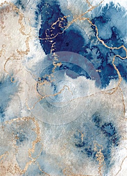 Watercolor abstract classic blue and gold, background, hand drawn watercolour texture