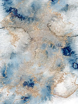 Watercolor abstract classic blue and gold, background, hand drawn watercolour texture