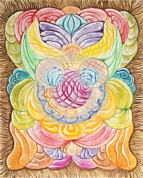 Watercolor, abstract composition, in the form of a rosette. Multicolored pictorial illustration.