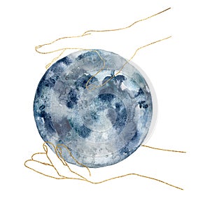 Watercolor abstract composition of hand holding the moon. Hand painted linear minimalistic card isolated on white