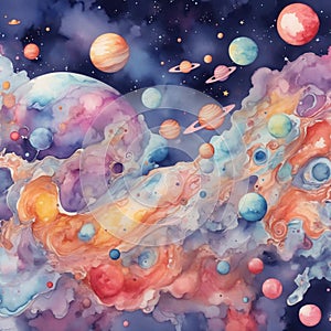 Watercolor abstract cute outerspace doodle background photo