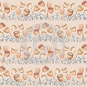 Watercolor abstract extraordinary flowers, leaves. Seamless gentle pattern - Stock illustration on beige background