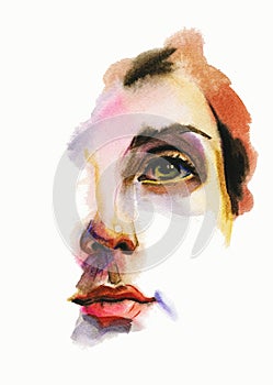 watercolor Abstract female face illustration. Contemporary painting of woman face on white background