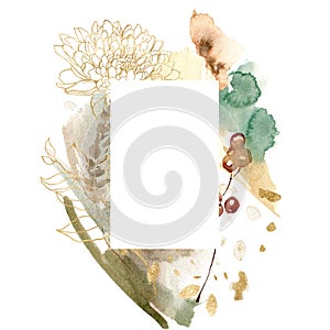 Watercolor abstract frame of linear dahlia, pampas grass and gold eucalyptus. Hand painted autumn composition isolated