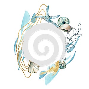 Watercolor abstract frame of shells, linear laminaria and corals. Underwater animals and plant isolated on white