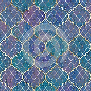 Watercolor abstract geometric seamless pattern. Arab tiles. Kaleidoscope effect. Watercolour vintage mosaic texture