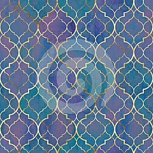 Watercolor abstract geometric seamless pattern. Arab tiles. Kaleidoscope effect. Watercolour vintage mosaic texture