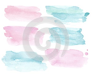 Watercolor abstract hand drawn background paint splash brush, pink and blue pastel colors texture