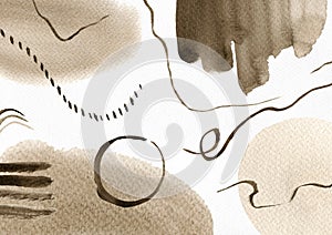 Watercolor abstract hand drawn illustration with sepia and sandy textured shapes, lines, strokes and dots. Sepia and