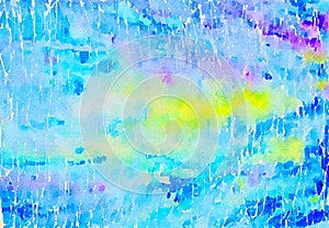 Watercolor abstract, irregular pattern painting. Blues yellows and purples