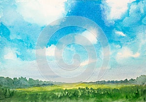 Watercolor abstract landscape with grass field and fluffy clouds