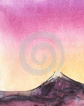 Watercolor abstract landscape. Mountain chain with snowy peak of extinct volcano beneath colorful sunrise sky graduating