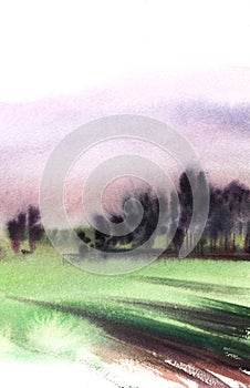 Watercolor abstract landscape of soft lilac evening in countryside. Hand drawn summer rural illustration. Dark blurry