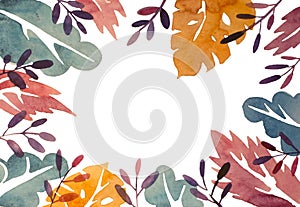 Watercolor abstract leaves frame, colorful floral frame isolated on white background