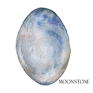 Watercolor abstract moonstone. Hand painted jewel stone isolated on white background. Minimalistic illustration for