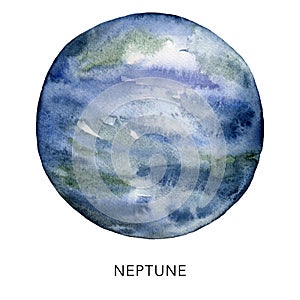 Watercolor abstract Neptune planet. Hand painted satellite isolated on white background. Minimalistic space illustration