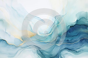 Watercolor abstract pastel blue background with gold, light emerald, aquamarine, fluid lines, waves and curves. Backdrop